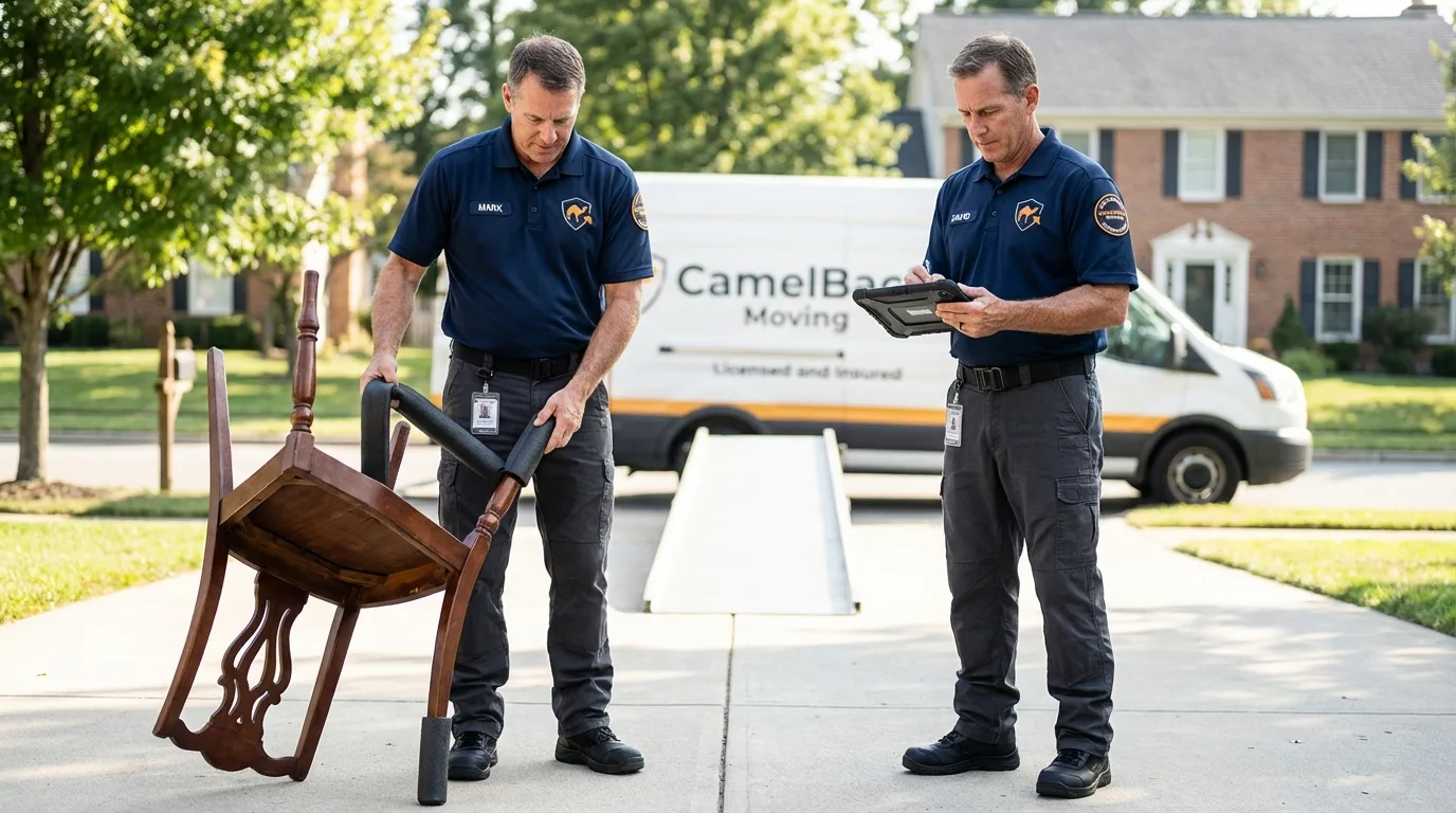 Movers inspecting furniture for damage prevention before loading in Fayette, IA