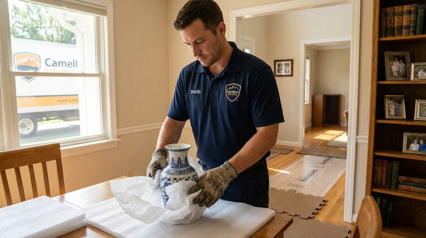 Professional crew carefully wrapping antique vase for senior downsizing move in Fayette, IA